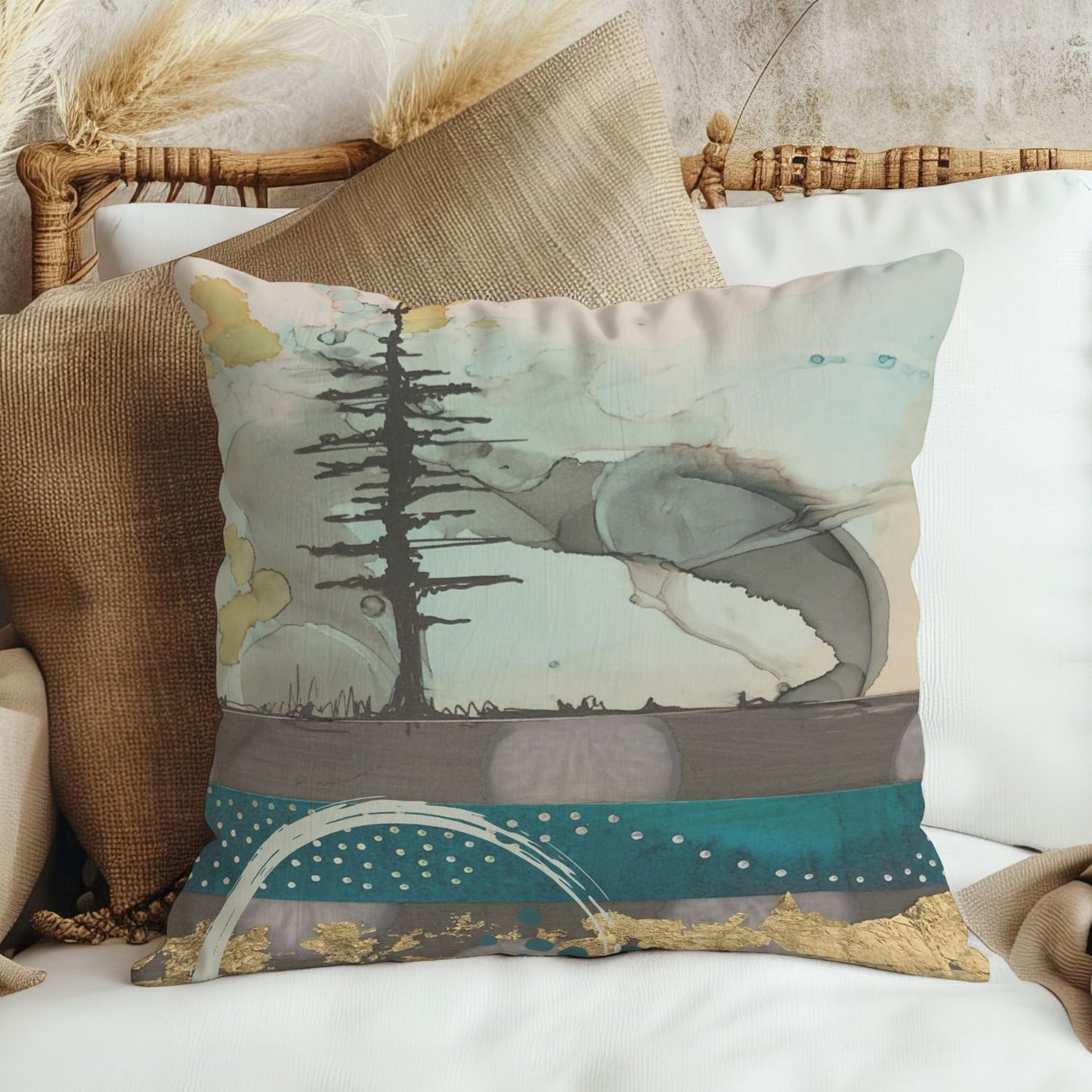 Gold Swoosh Tree Pillow Cover