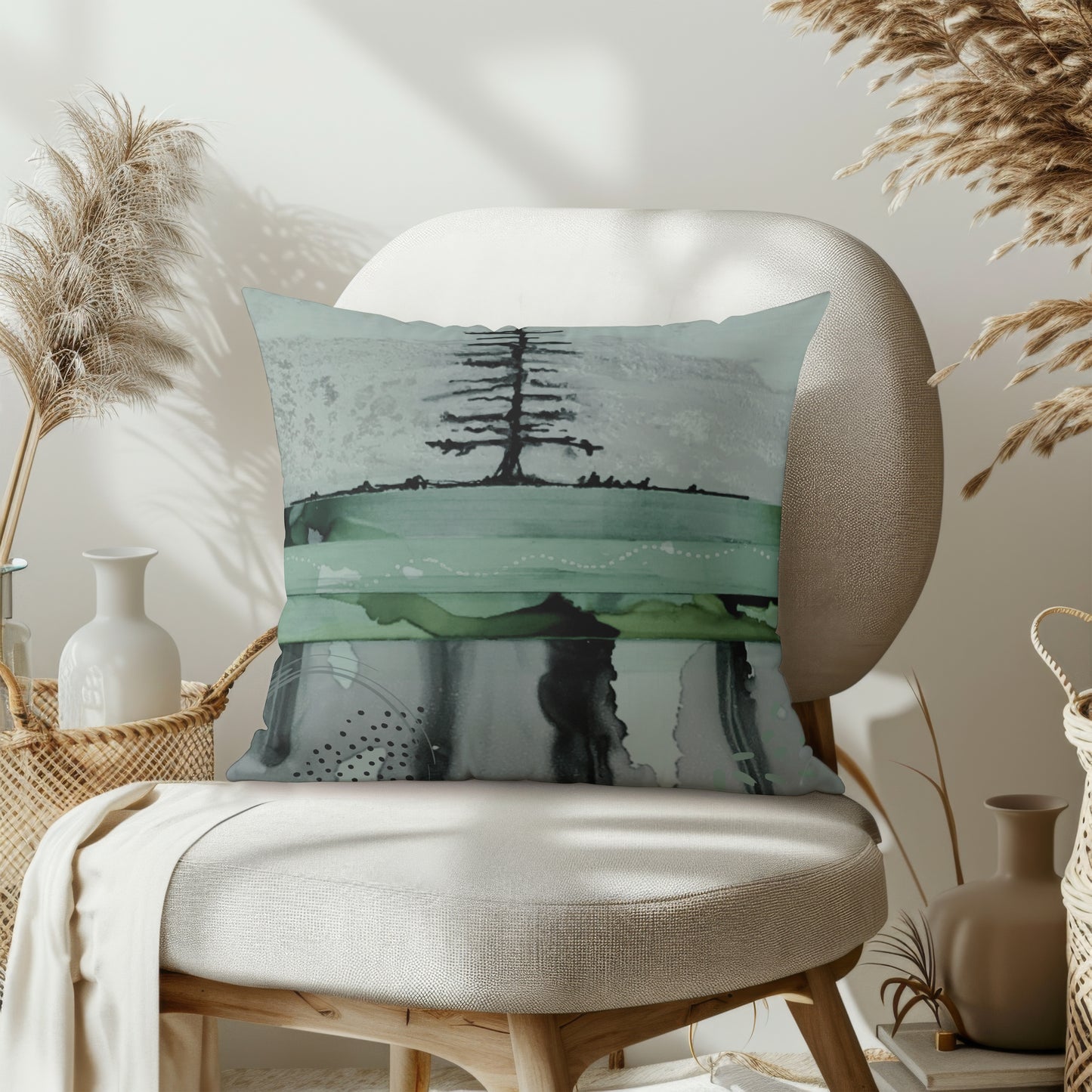 Nordic Green Tree Pillow Cover